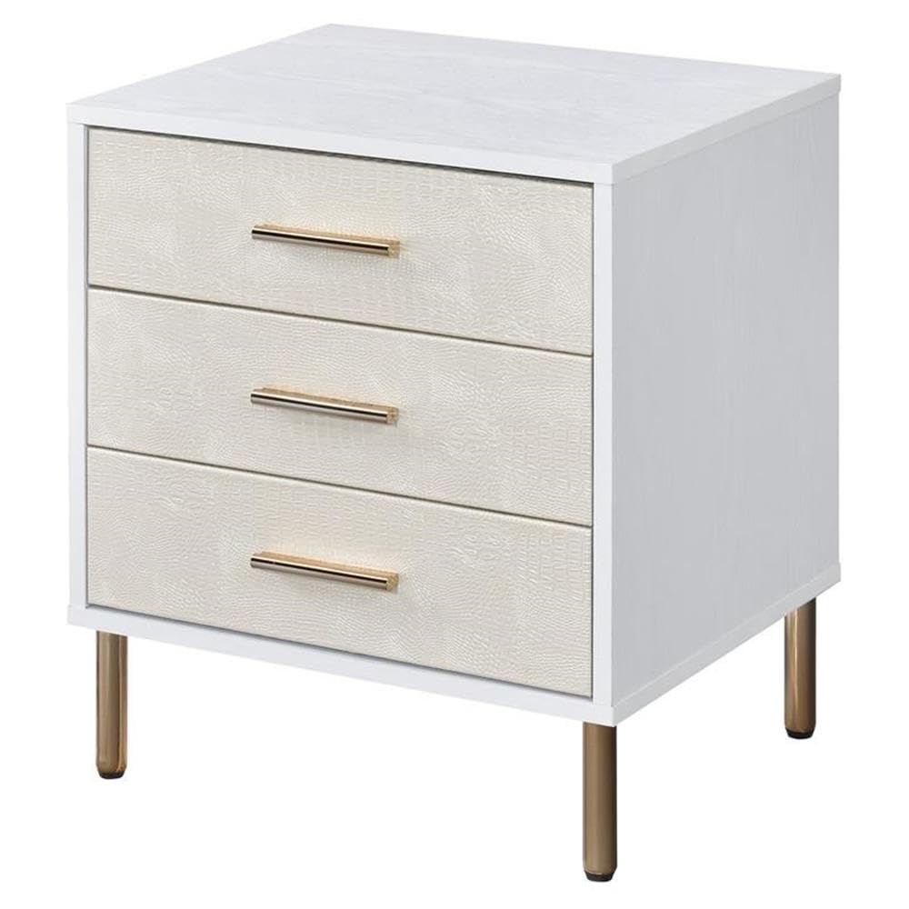 Acme Myles Wooden Storage Nightstand in White and Champagne and Gold